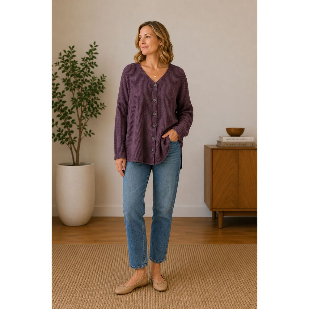 Umgee Purple Waffle Knit Button Front Tunic Top Size Small Boho Oversized